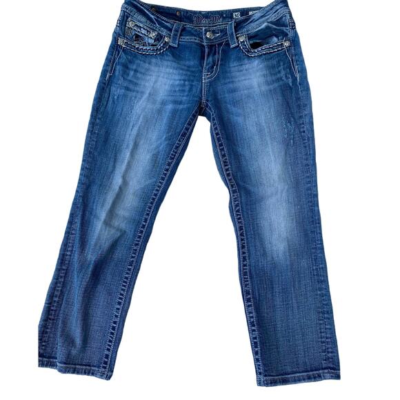Western Miss Me Womens 30 Blue Retro Boho Vintage Logo Crop Indie Jeans - Picture 1 of 8
